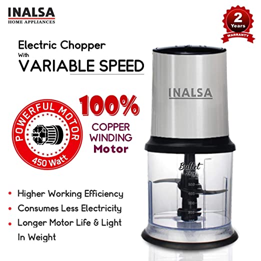 INALSA Electric Chopper Bullet Inox- 450 Watts with 2 Speed Option |100% Pure Copper Motor| Chop, Mince, Puree, Dice | Twin Blade Technology| 900 ml Capacity| One Touch Operation, 1.30mtr Long Power Cord (Black/Silver) INALSA Electric Chopper Bullet Inox- 450 Watts with 2 Speed Option |100% Pure Copper Motor| Chop, Mince, Puree, Dice | Twin Blade Technology| 900 ml Capacity| One Touch Operation, 1.30mtr Long Power Cord (Black/Silver)